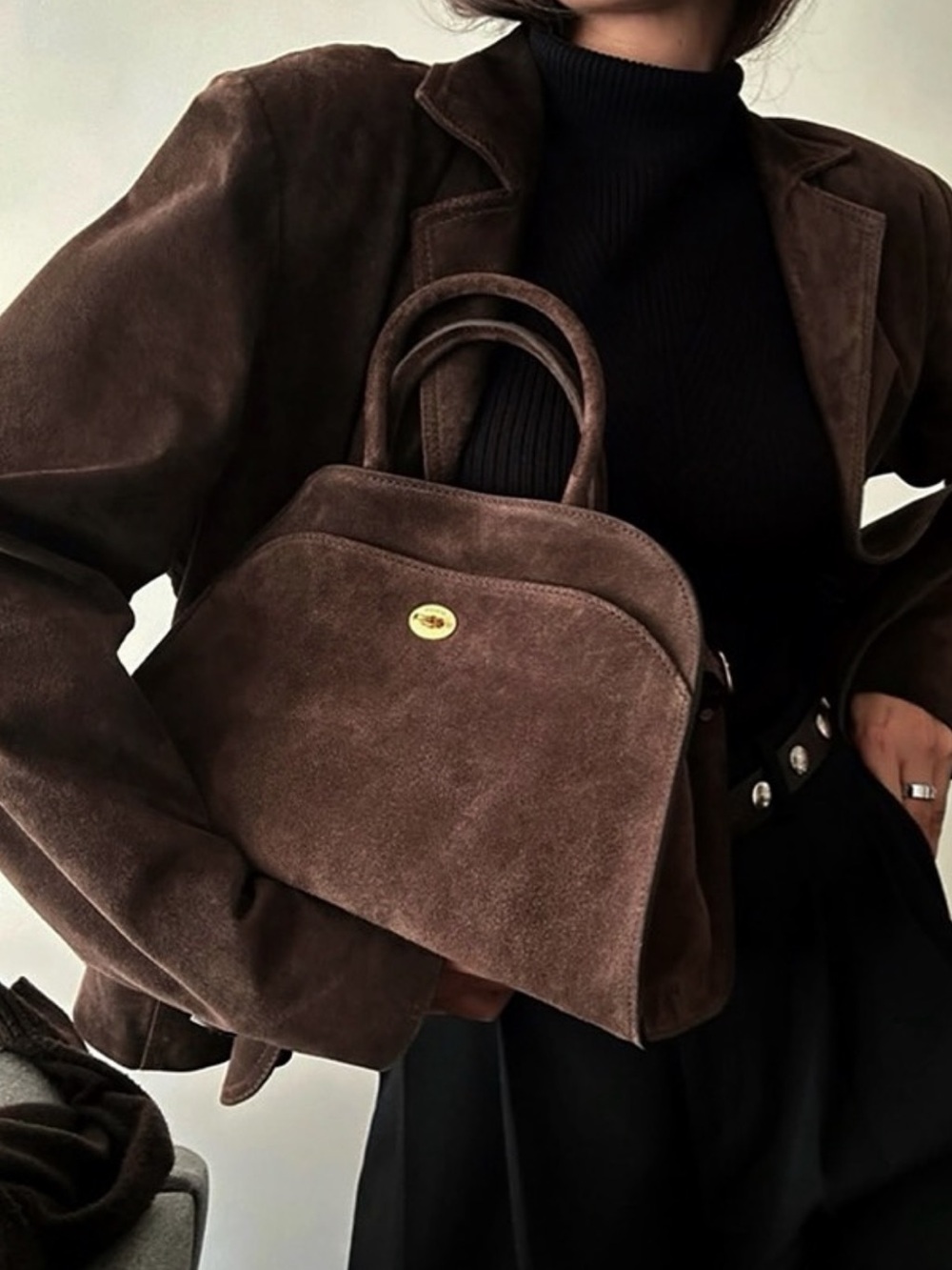 Elborn Structured Suede Satchel in Dark Brown with Gold-Tone Turn Lock